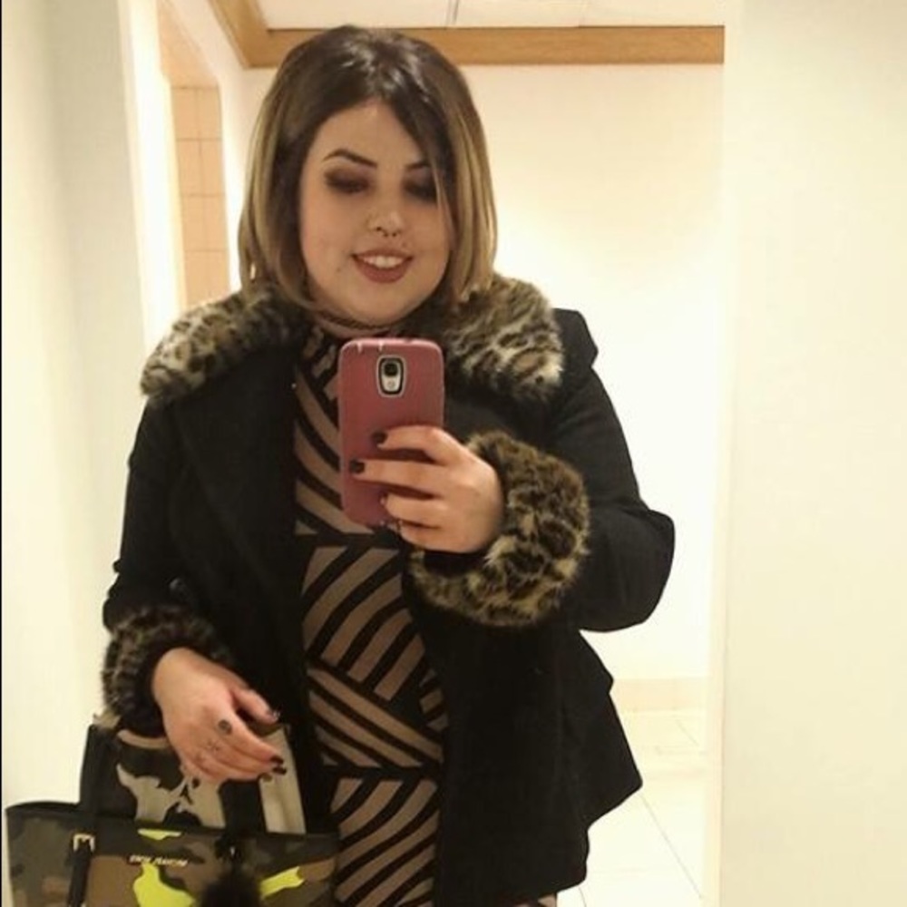 Black wool coat with leopard collar and cuffs