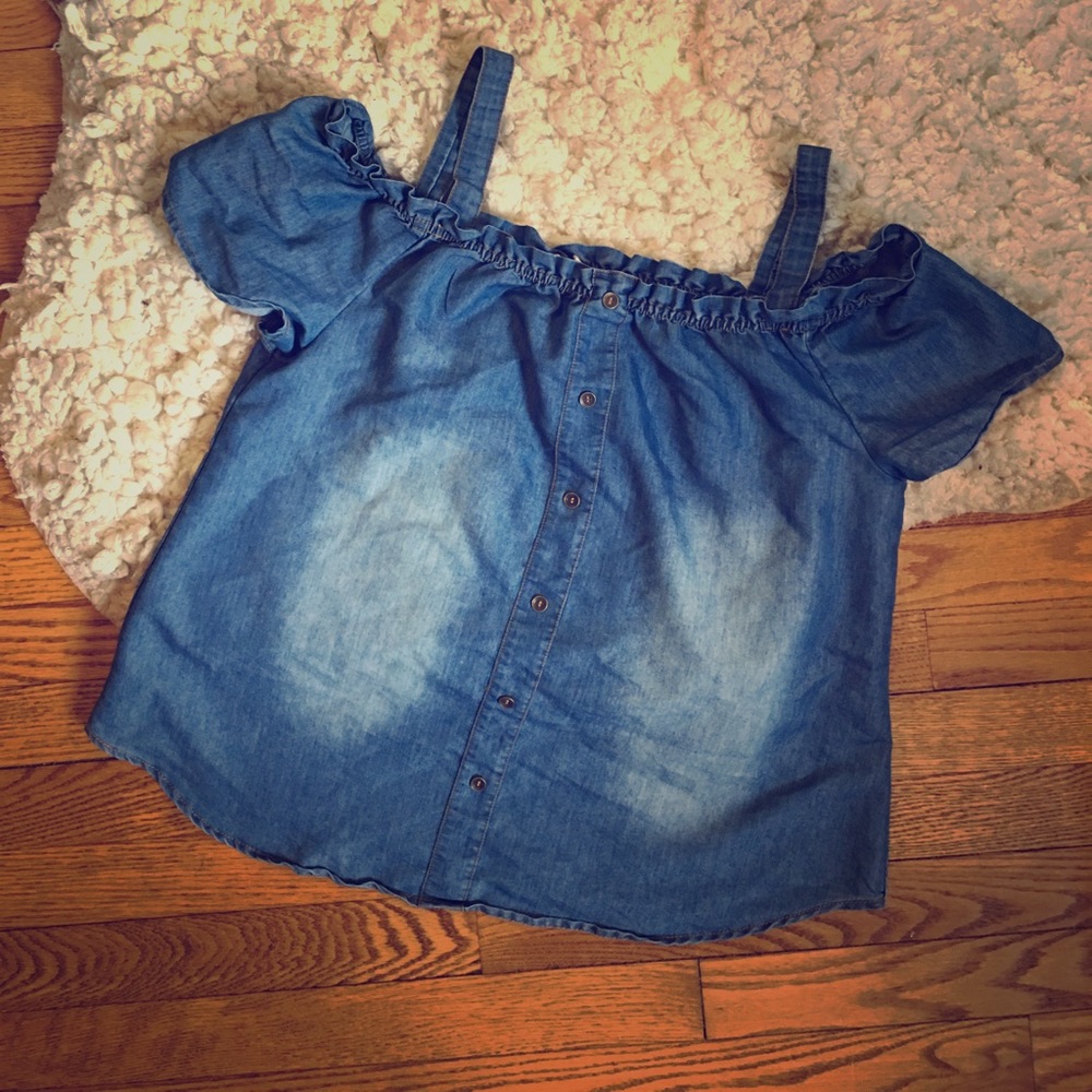 Destressed chambray off the shoulder top