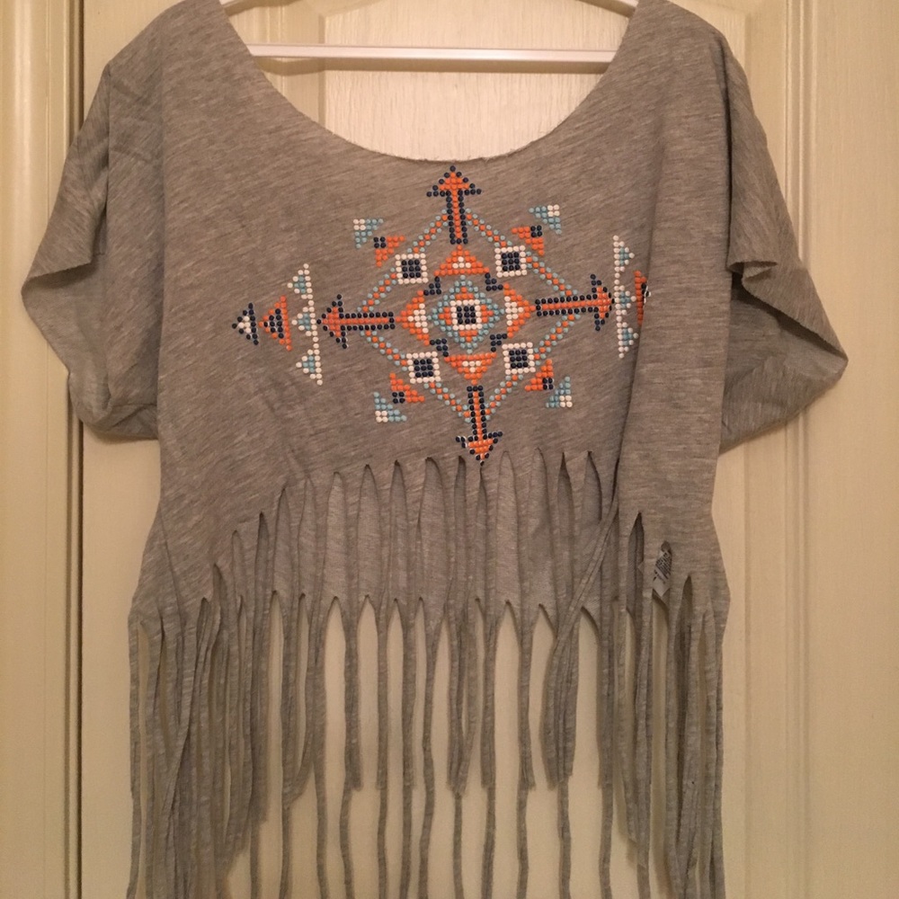 Gray Fringe Pattern Crop Top