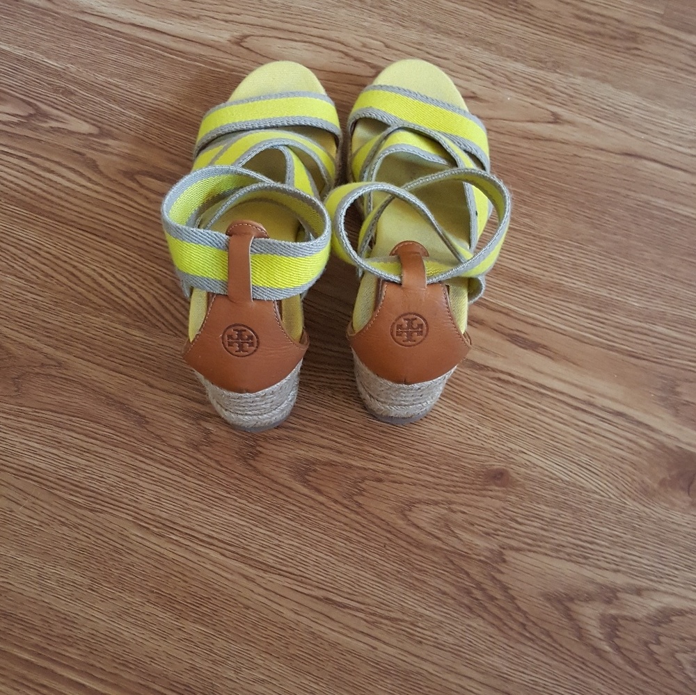 Tory Burch green and yellow espadrille wedges