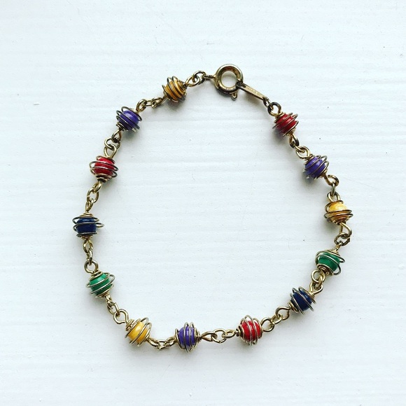 Colorful gold wire caged bead bracelet - Picture 1 of 6