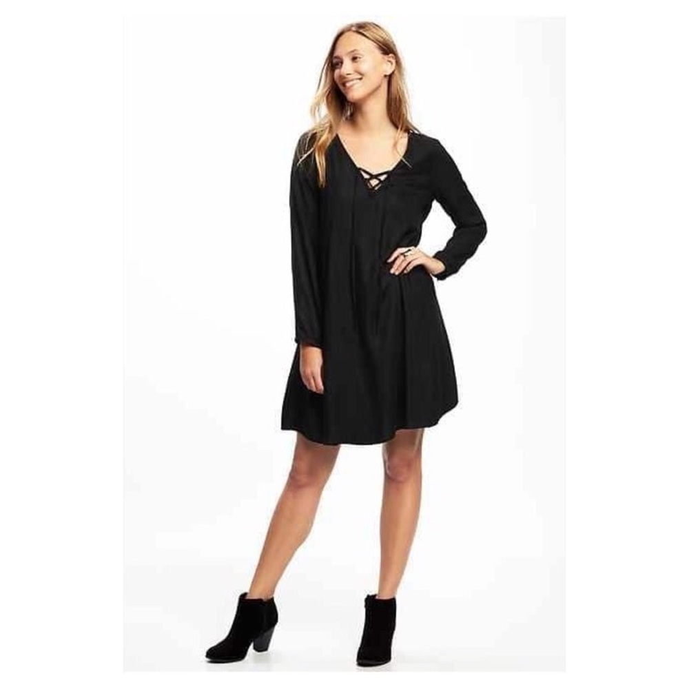OLD NAVY black lace up collar swing dress