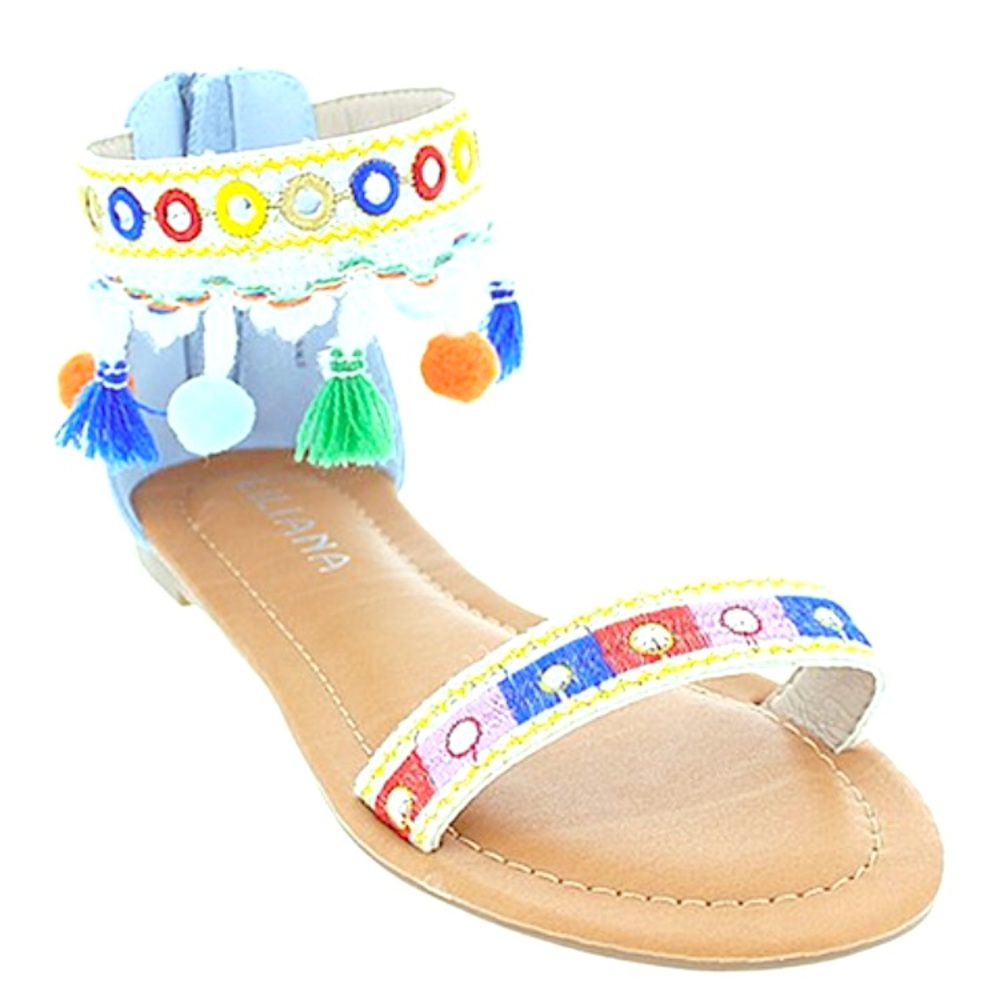 Denim Embroidered Pom-Pom Aries Sandal