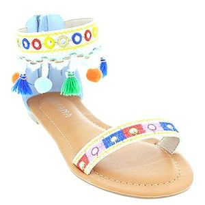 Denim Embroidered Pom-Pom Aries Sandal