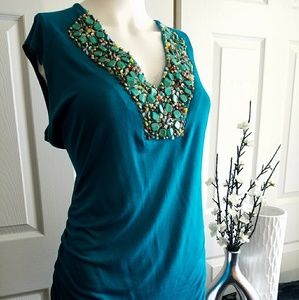 VENUS V Neck Turquois Beaded Blouse Top
