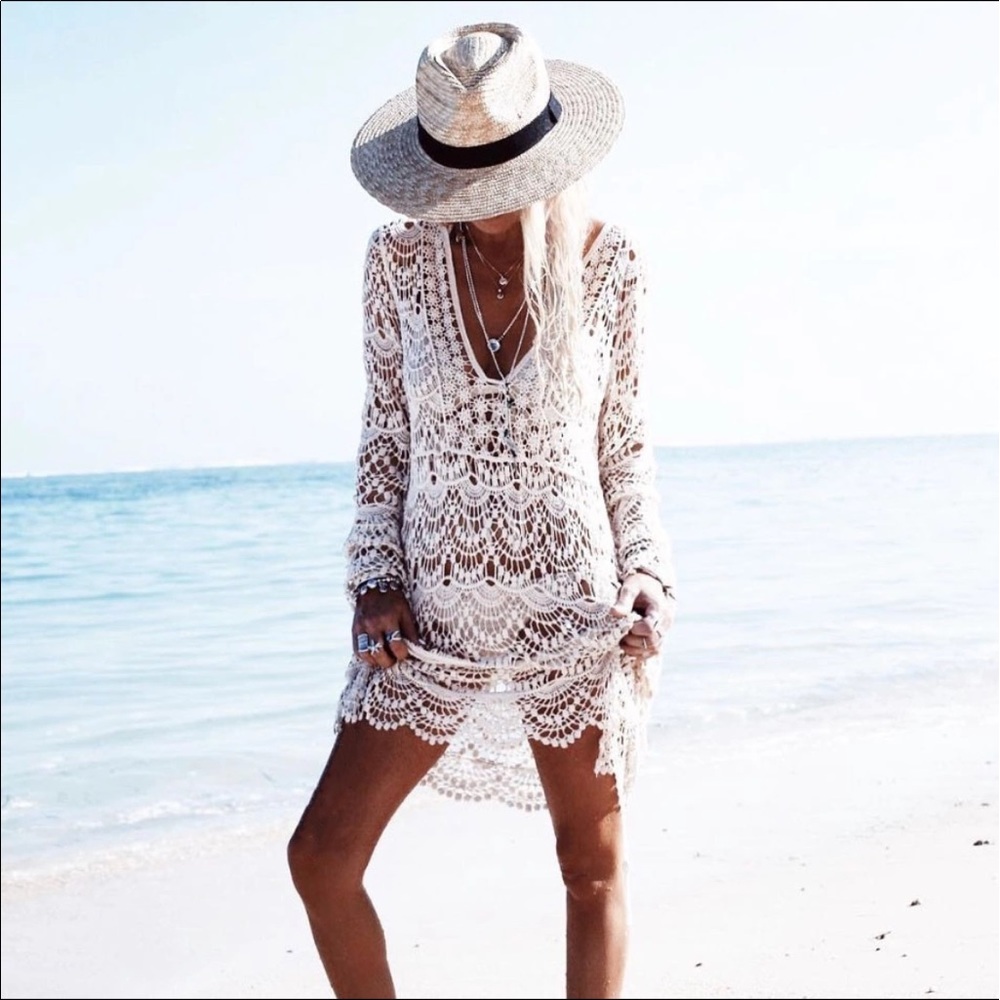 Lace Boho Long Sleeve Beach Bikini Coverup Dress - Picture 7 of 8