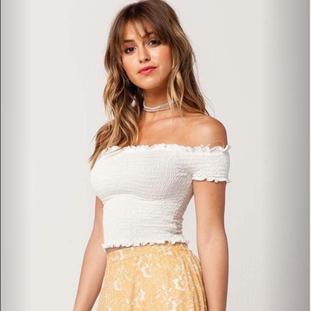 Light blue off the shoulder smocked crop top