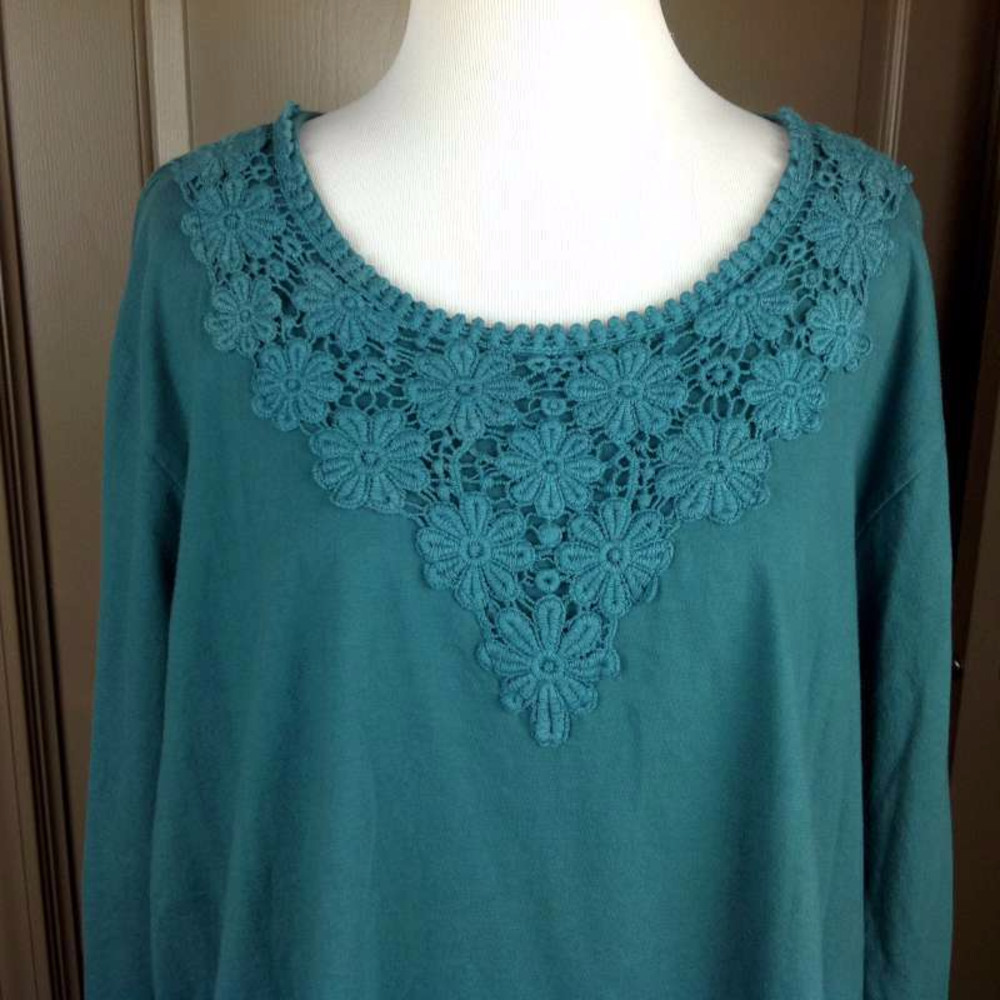 Phool Top 3X 3/4 Wide Sleeve Crochet Floral Teal
