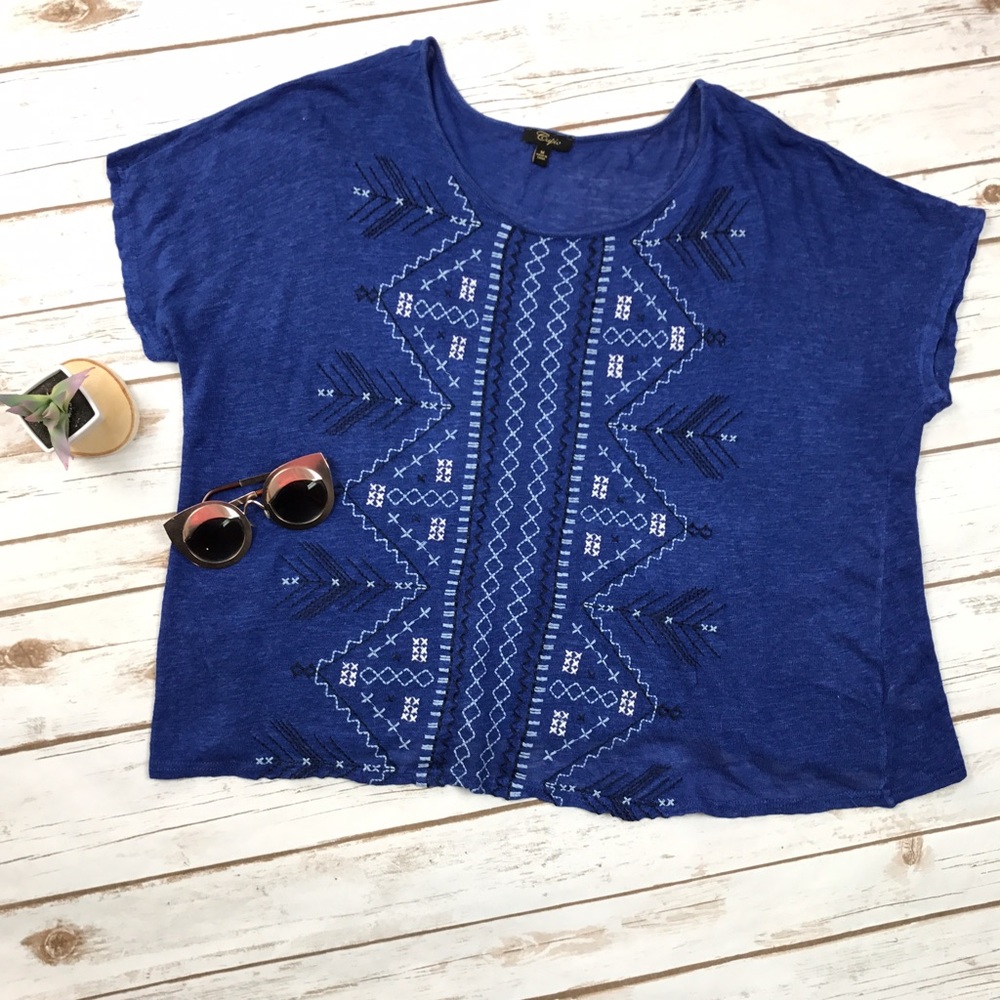 Cupio Blue Linen Knit Embroidered Boho Wide Top