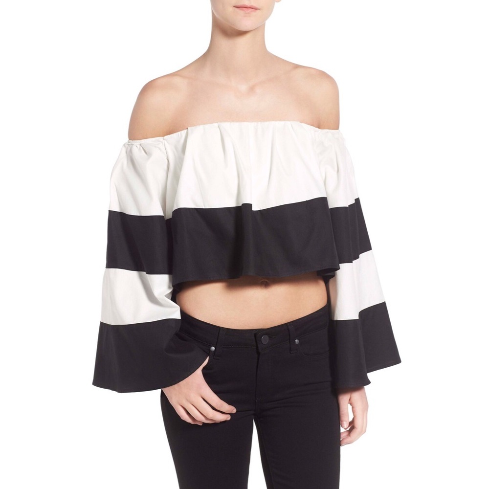Kendall & Kylie Ruffle Off the Shouler Striped Top