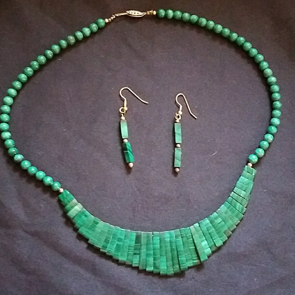 VTG Turquoise Earrings & Necklace 20' Dark Green