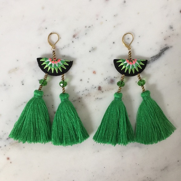 "Esperanza" Earrings || Green Tassel Statement - Picture 2 of 9