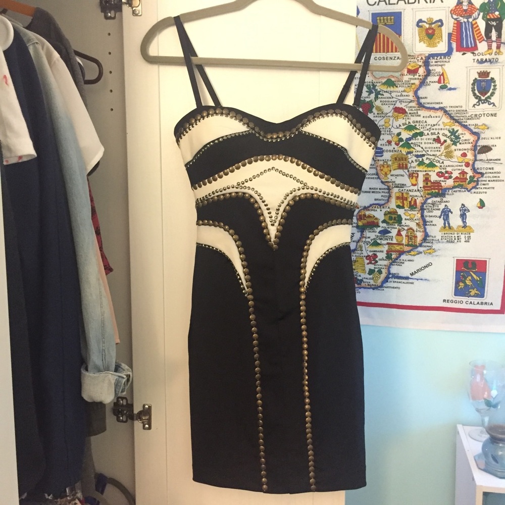 BEBE Black and White Studded Mini Dress