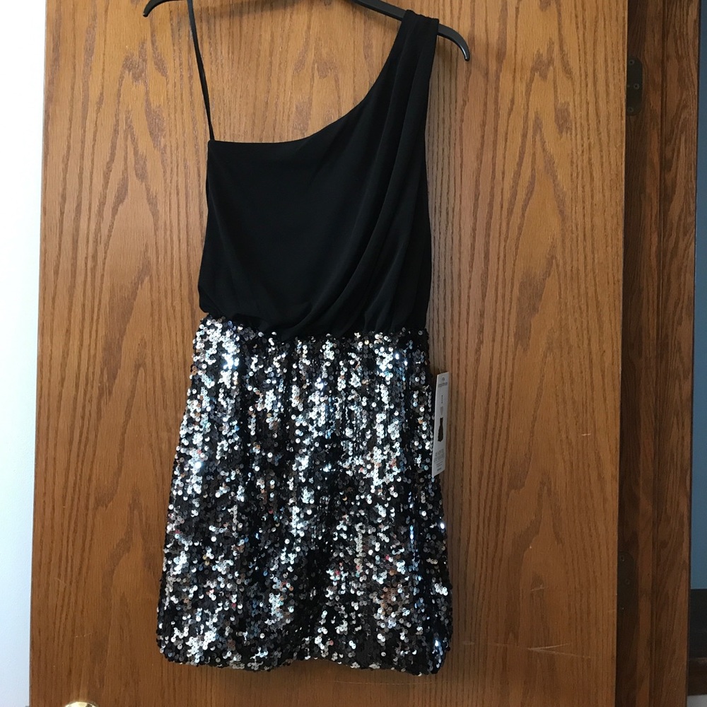 Black and Silver Sequin One shoulder dress NWT.