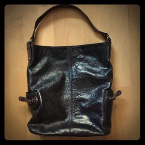 Tano Shiny Leather Black Bucket Bag w/ Pockets