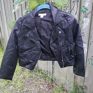Girl's Faux Leather Black Cropped Bomber Jacket