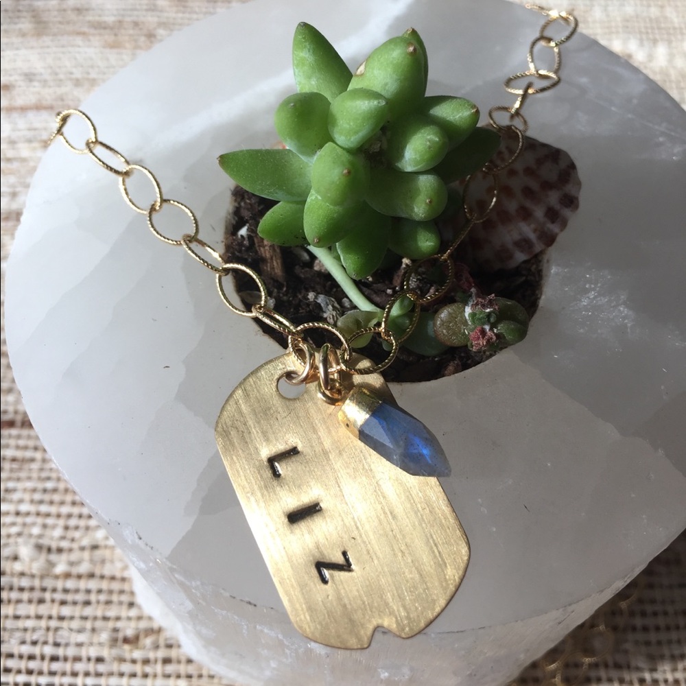 Personalized Dog tag necklace with gemstone charm - Picture 2 of 8