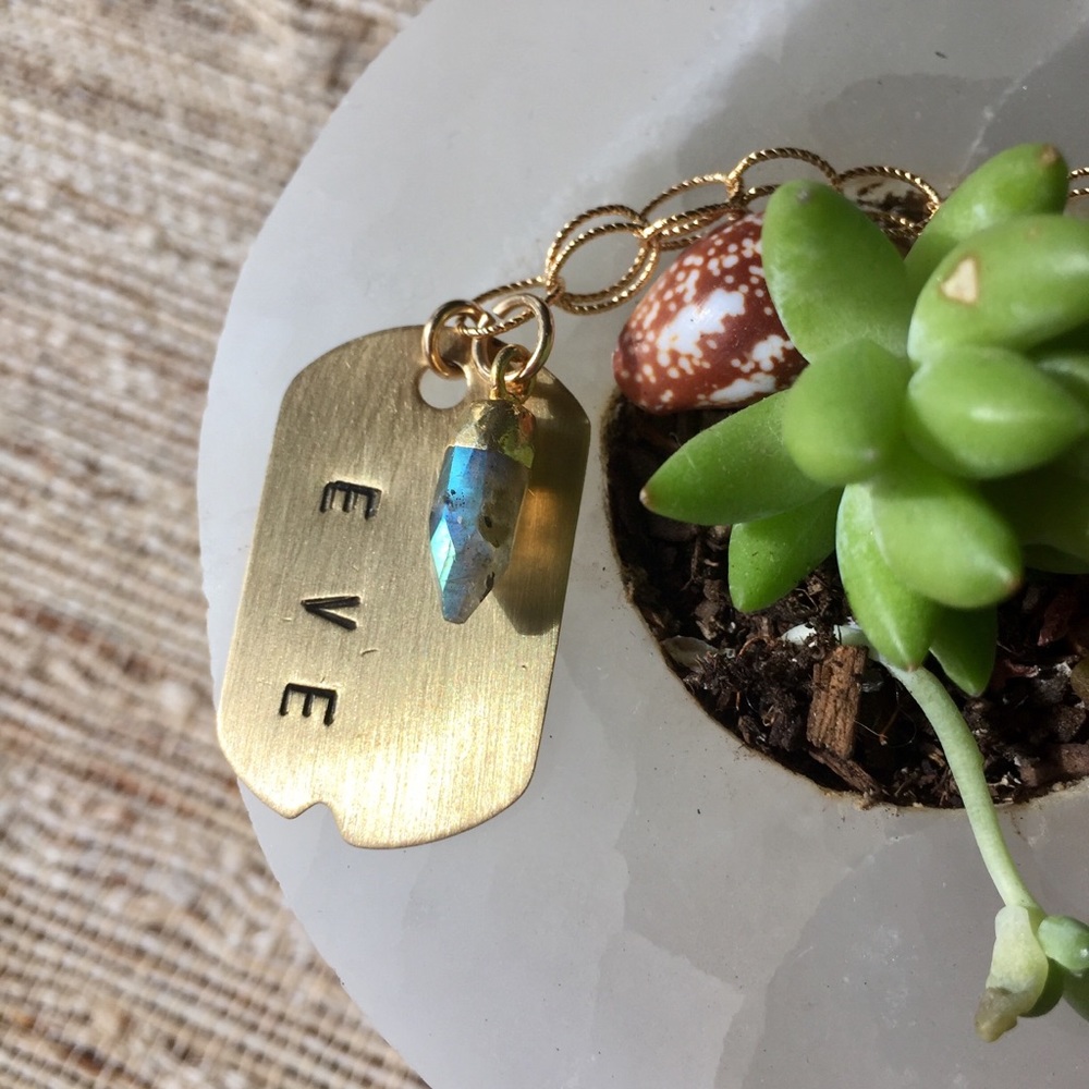 Personalized Dog tag necklace with gemstone charm - Picture 7 of 8