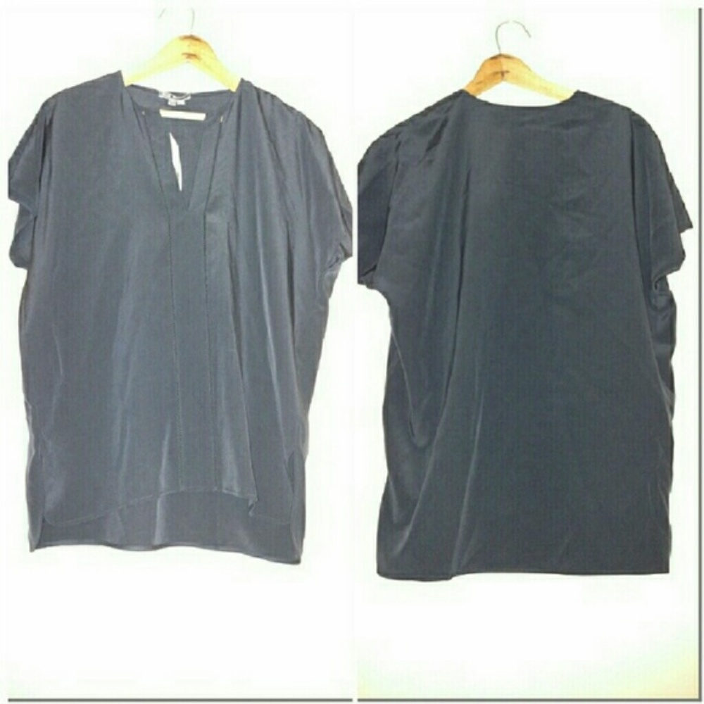 Vince Navy Blue Silk Split Neck Blouse - Picture 2 of 3