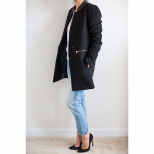 Black wool coat w/ faux leather neck