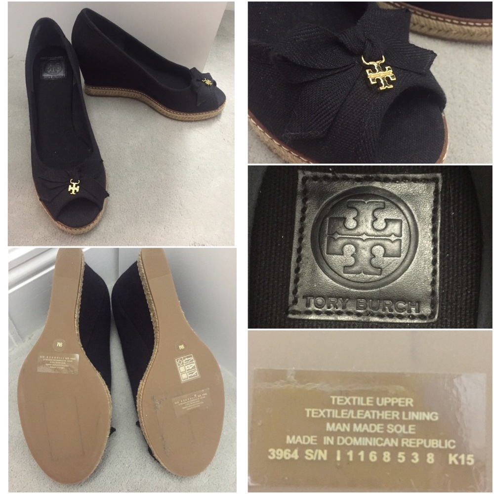Black Tory Burch Peep Toe Wedges