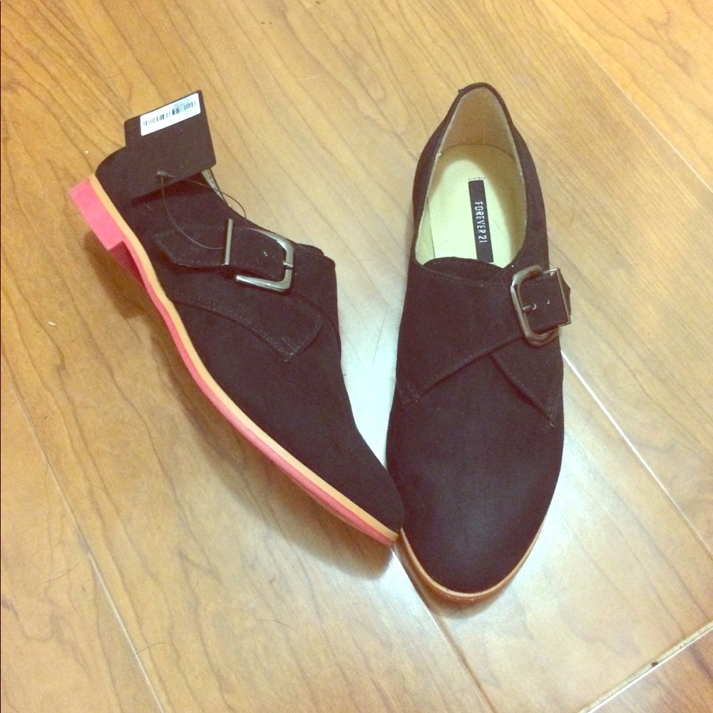 Black suede buckle oxfords