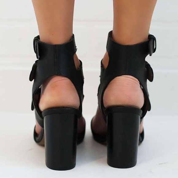Leather Strappy Buckle Threat Block Heels - Picture 2 of 4
