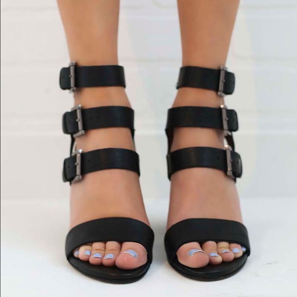 Leather Strappy Buckle Threat Block Heels - Picture 4 of 4