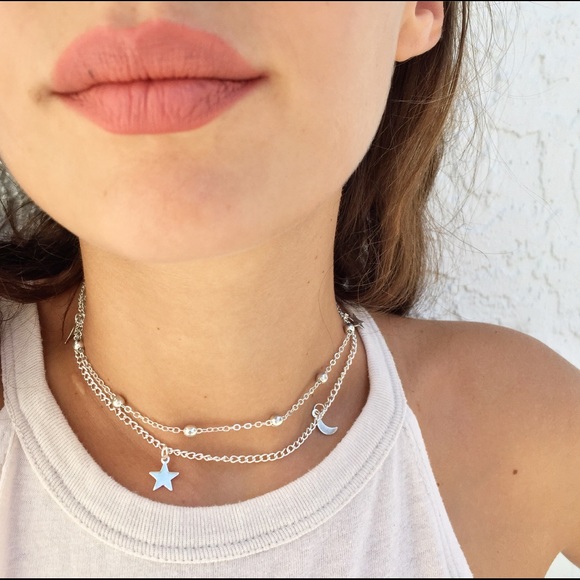 Gold or Silver 2 Layer Crescent Star Choker - Picture 2 of 4