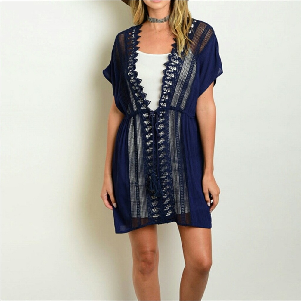 Navy Blue Crochet Cover Up, Tie Dress