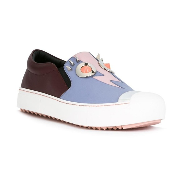 NIB Fendi Brown Light Blue Leather Monster Sneaker - Picture 1 of 8