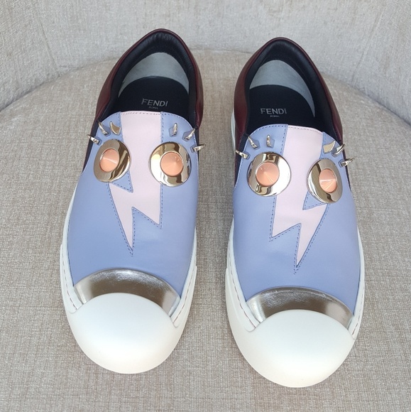 NIB Fendi Brown Light Blue Leather Monster Sneaker - Picture 4 of 8