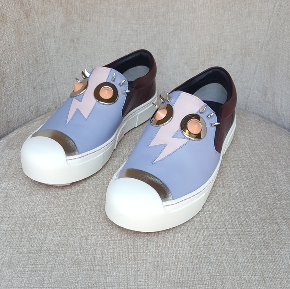 NIB Fendi Brown Light Blue Leather Monster Sneaker - Picture 5 of 8