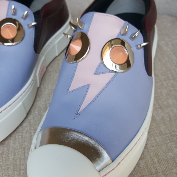 NIB Fendi Brown Light Blue Leather Monster Sneaker - Picture 6 of 8