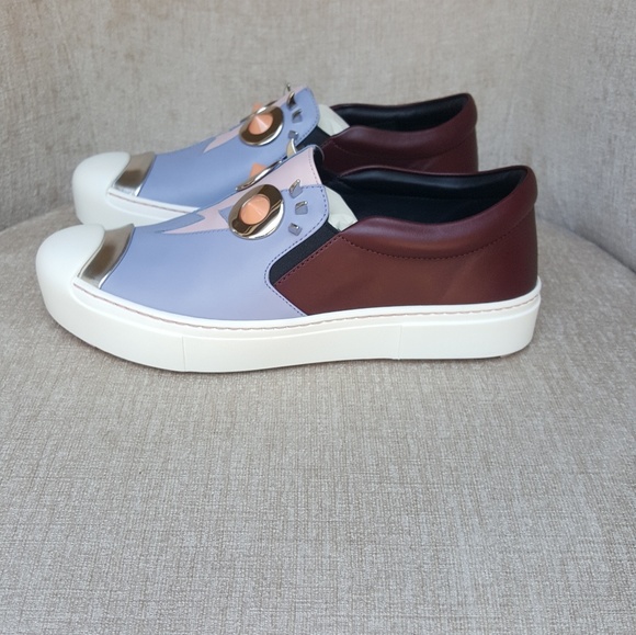 NIB Fendi Brown Light Blue Leather Monster Sneaker - Picture 2 of 8