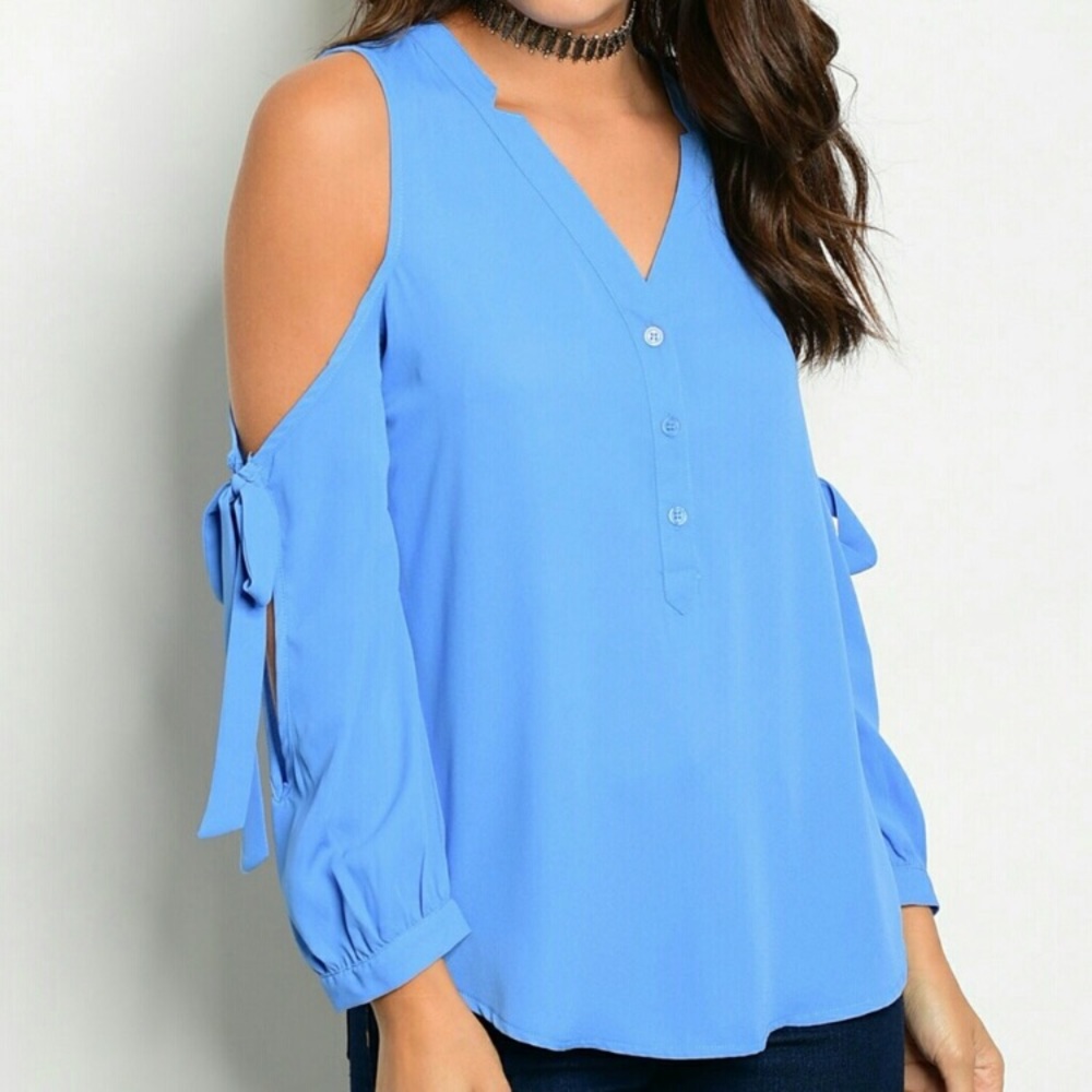 Cold shoulder button down top