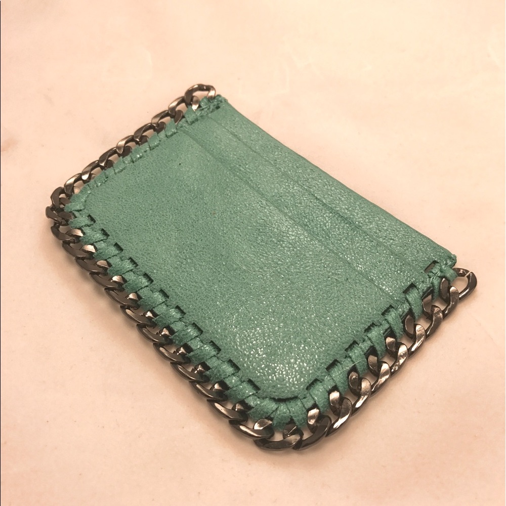 Teal Leather Card Wallet with Metal Chain Trim