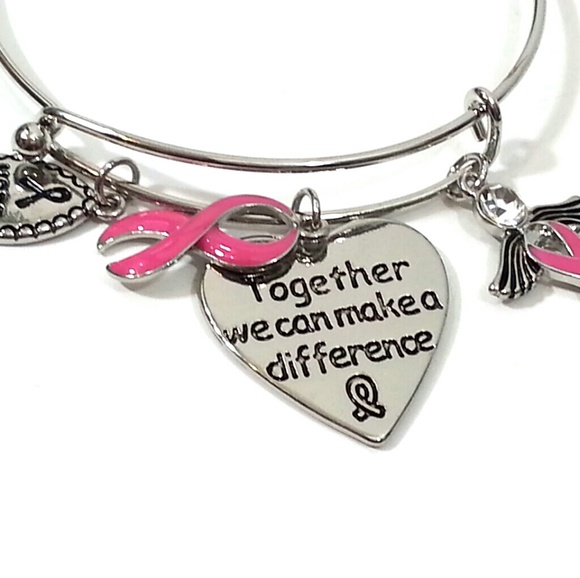 Pink Ribbon Heart Bangle Adjustable Bracelet - Picture 1 of 4