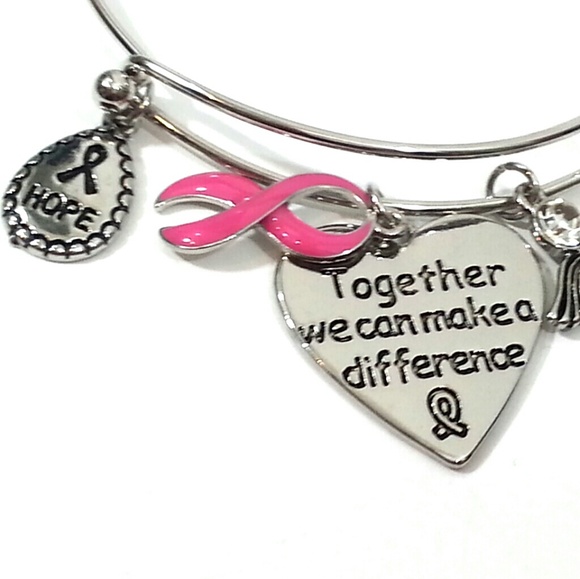 Pink Ribbon Heart Bangle Adjustable Bracelet - Picture 2 of 4