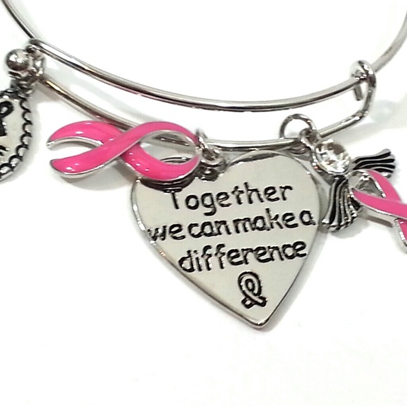 Pink Ribbon Heart Bangle Adjustable Bracelet - Picture 4 of 4