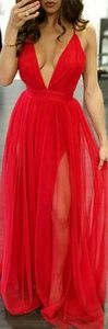 V Neck Sexy Red Long Dress