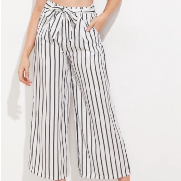 Pants - Vertical striped self tie wide leg pants