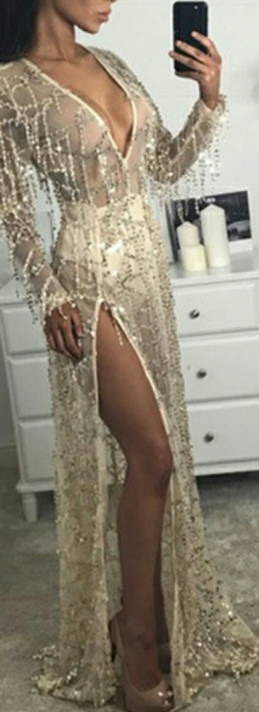 Long Sleeved Decorative Gold Dress