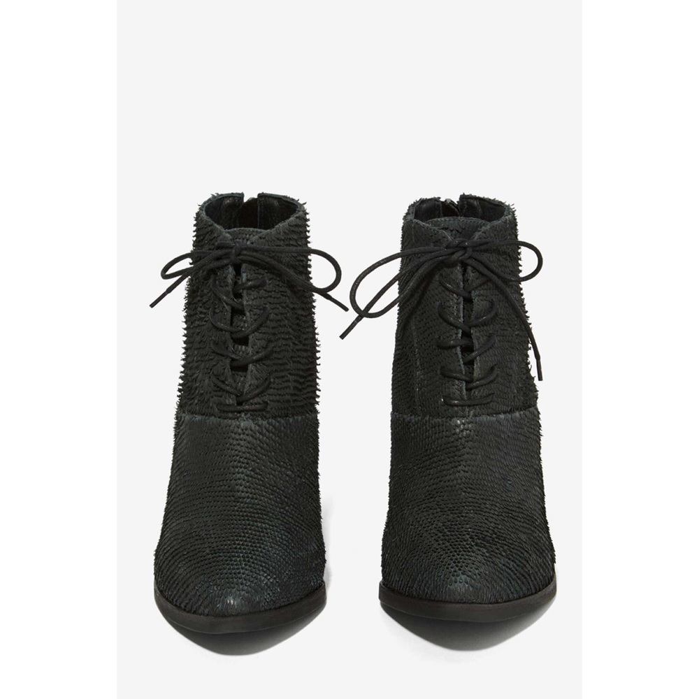 NIB Black Pointy Toe Lace Up Scaled Leather Boots - Picture 8 of 8