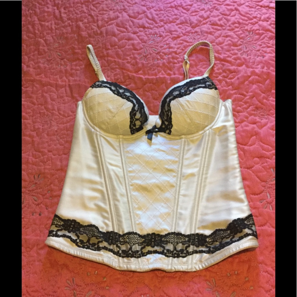 H&M Ivory / Cream Satin and Black Lace Corset Top