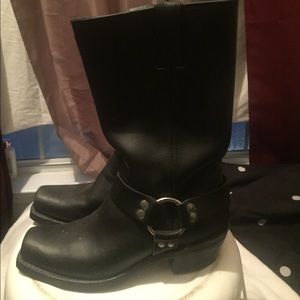 Woman black leather biker boots