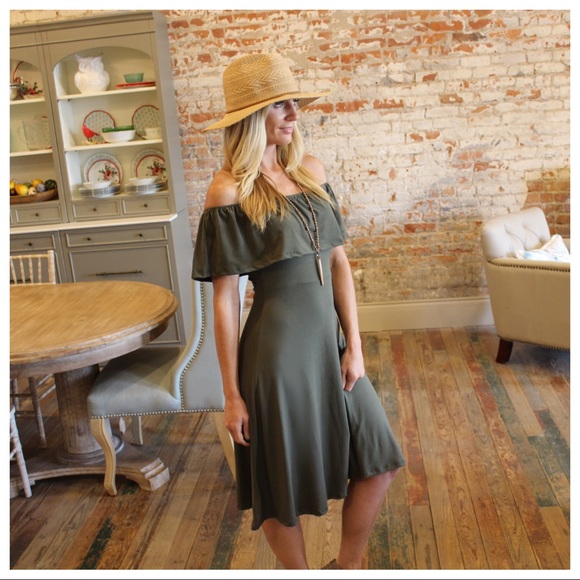 Olive off shoulder brushed knit dress - Picture 2 of 3
