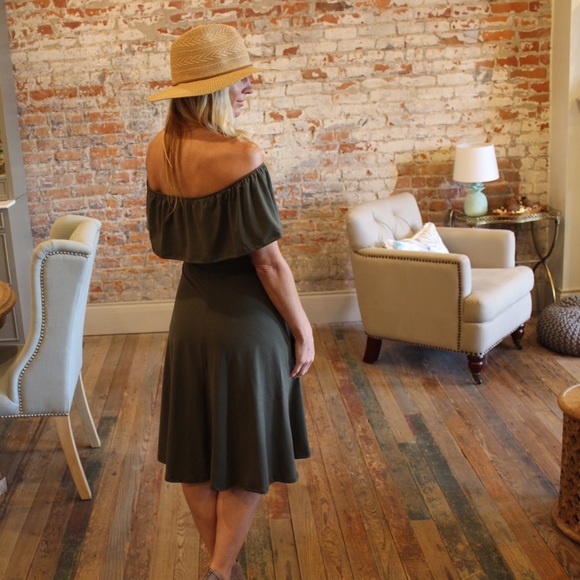 Olive off shoulder brushed knit dress - Picture 3 of 3