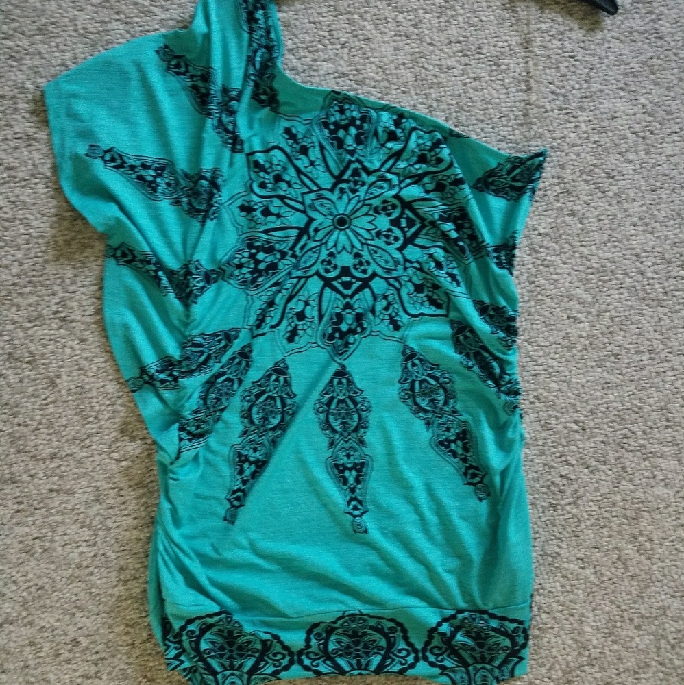 One shoulder top teal black size large nwot