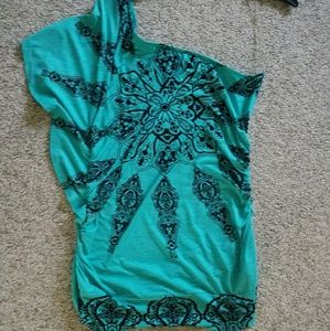 One shoulder top teal black size large nwot